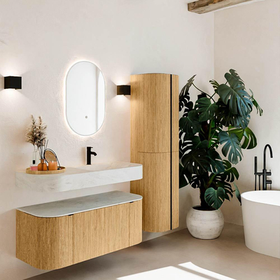 MONDIAZ THOR-DLUX 110cm badmeubel ronding links + rechts kleur Oak met 1 lade en 2 deuren. Vrijhangende wastafel CLOUD Rechts 1 kraangat kleur Opalo.