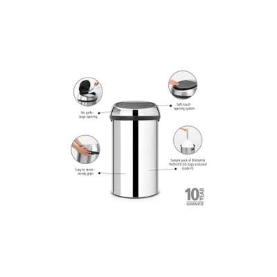 Brabantia Touch Bin Afvalemmer - 60 liter - brilliant steel