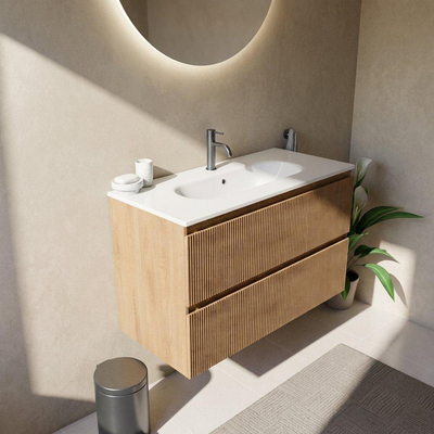 Saniclass Holz Atelier Ensemble de meubles de salle de bains - 100x45x73.9cm - Chaci lavabo en céramique blanc - 1 vasque - 1 trou de robinetterie - 2 tiroirs - chêne natural mat (bois)