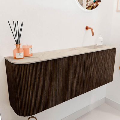 Mondiaz JOYA-DLUX 111.6cm toiletmeubel - ronding links kleur Walnut - Wastafel FAYE positie Rechts Zonder kraangat kleur Frappe.