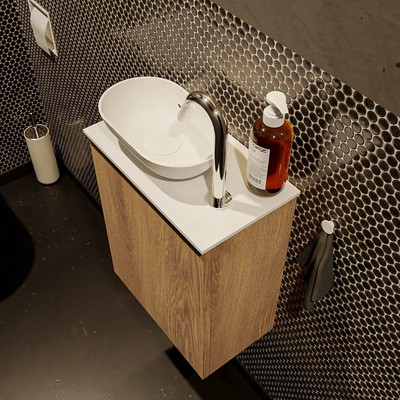 Mondiaz Fowy Toiletmeubel - 40x50x23cm - washed oak mat - 1 kraangat - wasbak links - 1 deur - solid surface - blad Melamine - wasbak: Wit / Zwart