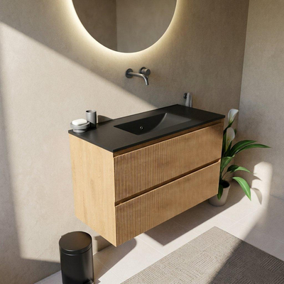 Saniclass Holz Atelier Ensemble meuble de salle de bains - 100x45x62cm - lavabo en céramique Vygo noir - 1 vasque - sans trou de robinetterie - 2 tiroirs - chêne natural mat (bois)