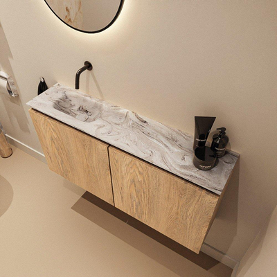 MONDIAZ TURE-DLUX Meuble WC 100 cm Washed Oak. Lavabo EDEN Glace position à gauche. Sans trou de robinet.