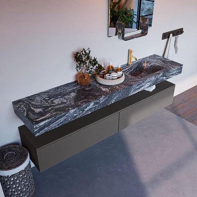 Mondiaz ALAN-DLUX Ensemble de meuble - 200cm - meuble Dark grey mat - 2 tiroirs - Lavabo Cloud Lava suspendu - vasque Droite - 1 trou de robinet