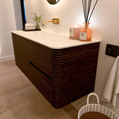 Mondiaz CIRO-DLUX Badkamermeubelset - 120x45x50cm - Solid surface wastafel Opalo - 1 wasbak Links - zonder kraangaten - 2 lades - Walnut