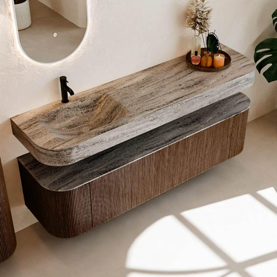 MONDIAZ THOR-DLUX Meuble de salle de bains 170cm arrondi gauche + droite couleur Walnut avec 1 tiroir et 2 portes. Vasque suspendue CLOUD Gauche 1 trou de robinet couleur Oza.