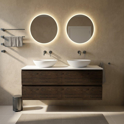 Saniclass Holz Pure Ensemble de meubles de salle de bains - 160x45x62.5cm - plan supérieur Torino en solid surface blanc - sans trou de robinetterie - 4 tiroirs - chêne charcoal mat (bois)