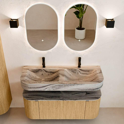 MONDIAZ THOR-DLUX 120cm meuble de salle de bains arrondi gauche + droite couleur Oak avec 1 tiroir et 2 portes. Vasque suspendue CLOUD Double 2 trous de robinet couleur Sombra.