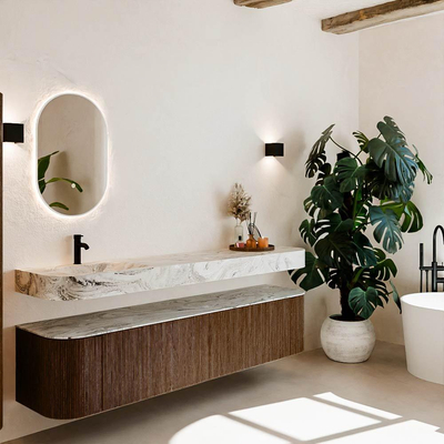 MONDIAZ THOR-DLUX 200cm meuble de salle de bains arrondi gauche + droite couleur Walnut avec 2 tiroirs et 2 portes. Vasque suspendue CLOUD Gauche 1 trou de robinet couleur Glace.