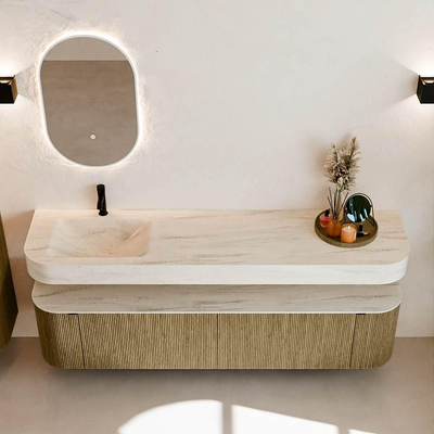 MONDIAZ THOR-DLUX Meuble de salle de bains - 190cm - arrondi gauche + droite - couleur Dusk - 2 tiroirs - 2 portes - Vasque suspendue CLOUD Gauche 1 trou de robinet - couleur Meli