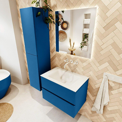 Mondiaz VICA ensemble de meuble de salle de bain - 70cm - meuble sous-vasque jeans - 2 tiroirs - lavabo cloud milieu - sans trous de robinet - couleur talc - miroir LED - version XL 60cm haut