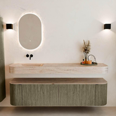 MONDIAZ THOR-DLUX Meuble de salle de bains 180cm arrondi gauche + droite couleur Shadow avec 2 tiroirs et 2 portes. Vasque suspendue CLOUD Gauche sans trou de robinet couleur Saba.