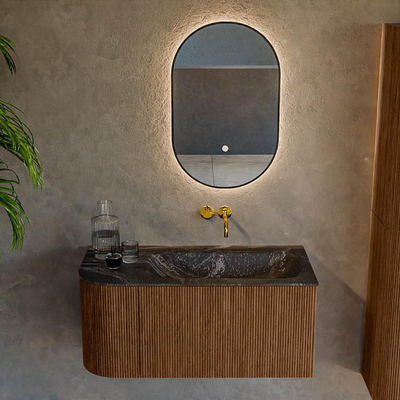 MONDIAZ KURVE-DLUX 95cm Meuble salle de bain avec module 25 G - couleur Walnut - 1 tiroir - 1 porte - vasque BIG SMALL droite - sans trou de robinet - couleur Lava