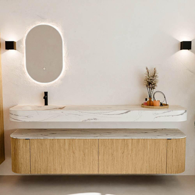 MONDIAZ THOR-DLUX 200cm meuble de salle de bains arrondi gauche + droite couleur Oak avec 2 tiroirs et 2 portes. Vasque suspendue CLOUD gauche 1 trou de robinet couleur Nata.