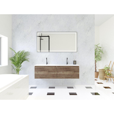 HR Matrix ensemble meuble de salle de bain 3d 140cm 2 tiroirs sans poignée avec bandeau couleur charleston avec vasque fine 2 trous de robinetterie blanc mat