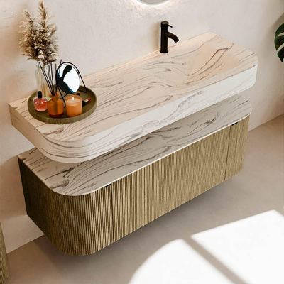 MONDIAZ THOR-DLUX 130cm meuble de salle de bains arrondi gauche + droite couleur Dusk avec 1 tiroir et 2 portes. Vasque suspendue CLOUD Droite 1 trou de robinet couleur Nata.