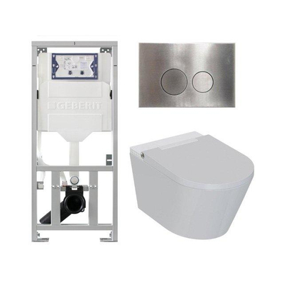 QeramiQ Luma Ensemble WC-douche - réservoir encastré Geberit UP320 - avec châssis Burda - sèche-cheveux - douchette féminine - plaque de commande en inox - boutons ronds - blanc brillant