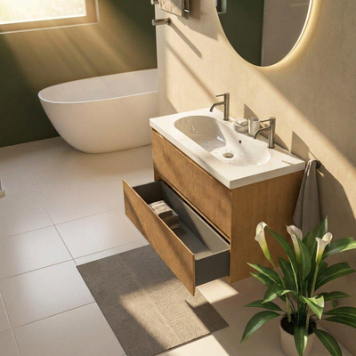 Saniclass Holz Atelier Ensemble meuble de salle de bains - 100x45x63,5cm - lavabo Palermo en céramique blanc - 1 vasque - 2 trous de robinetterie - 2 tiroirs - chêne natural mat (bois)