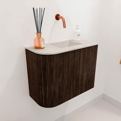 Mondiaz JOYA-DLUX 51.6cm toiletmeubel - ronding links kleur Walnut - Wastafel FAYE positie Rechts Zonder kraangat kleur Ostra.