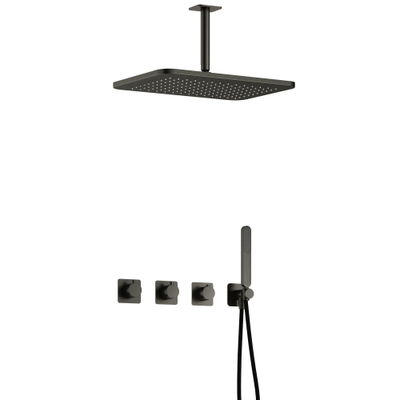 Hotbath Gal IBSGL70 Ensemble de douche thermostatique encastré - 2 robinets d'arrêt - bras de plafond 15 cm - douche de tête rectangulaire 27 cm - douchette stick - gun metal brossé PVD