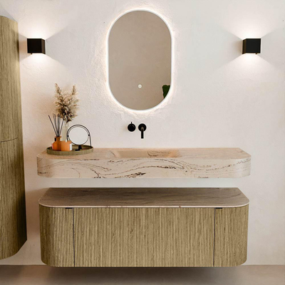 MONDIAZ THOR-DLUX Meuble de salle de bains 140cm arrondi gauche + droite couleur Dusk avec 1 tiroir et 2 portes. Vasque suspendue CLOUD Centre sans trou de robinet couleur Arena.