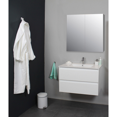 Basic Bella Meuble avec lavabo en porcelaine 80x55x46cm 1 trou de robinet Blanc brillant