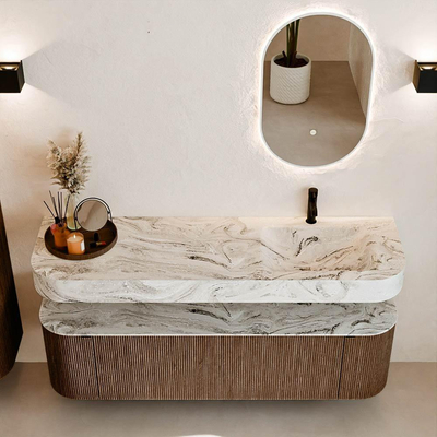 MONDIAZ THOR-DLUX 160cm badmeubel ronding links + rechts kleur Walnut met 1 lade en 2 deuren. Vrijhangende wastafel CLOUD Rechts 1 kraangat kleur Glace.