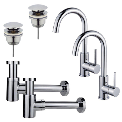 FortiFura Calvi Kit robinet lavabo - pour double vasque - robinet haut - bec rotatif - bonde clic clac - siphon design bas - Chrome brillant
