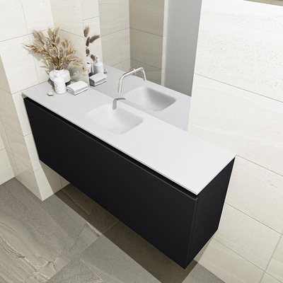 MONDIAZ OLAN Fonteinset - 120x30x40cm - 0 kraangaten - 1 lade - urban mat - wasbak midden - Solid Surface Wit