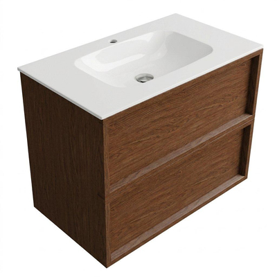 Saniclass Holz Frame Ensemble de meuble de salle de bains - 80x45x61.5cm - Flow lavabo en solid surface blanc - 1 vasque - 1 trou de robinetterie - 2 tiroirs - mat walnut pure (bois)