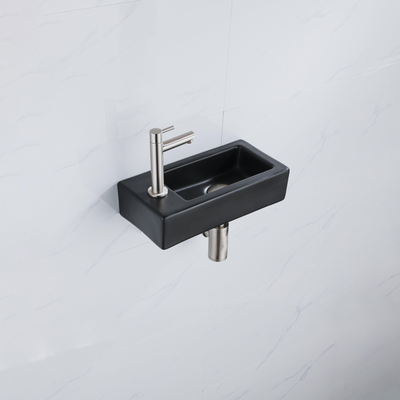 QeramiQ Fuente Fonteinset - 37.5x18.5x9cm - keramiek - kraangat links - fonteinkraan geborsteld RVS - afvoerplug - verlaagd sifon - Mat Zwart