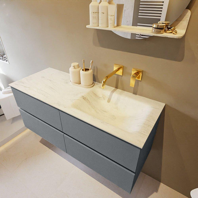 Mondiaz VICA-DLUX ensemble de meuble de salle de bain - 120cm - meuble sous-vasque plata - 4 tiroirs - lavabo encastrée cloud droite - sans trous de robinet - version haute de 60cm - opalo