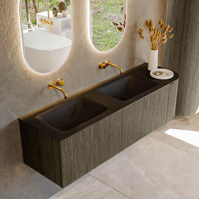 Mondiaz KURVE Ensemble de meubles de salle de bain - 155x46x40cm - 2 tiroirs - 1 porte - vasque solid surface - double / gauche - sans trou de robinet - Shadow