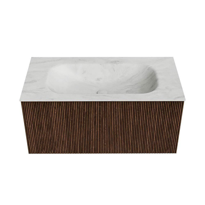 MONDIAZ KURVE-DLUX 90cm badmeubel kleur Walnut met 1 lade. Wastafel BIG SMALL midden 1 kraangat kleur Opalo.