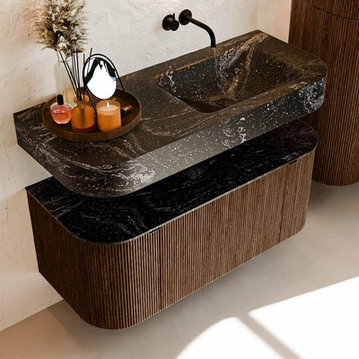 MONDIAZ THOR-DLUX 110cm meuble de salle de bains arrondi gauche + droite couleur Walnut avec 1 tiroir et 2 portes. Vasque suspendue CLOUD droite sans trou de robinet couleur Lava.