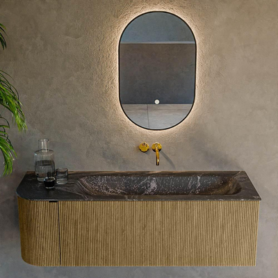 Ensemble de meuble de salle de bain Mondiaz KURVE-DLUX - 135x46x40cm - 1 tiroir - 1 porte - lavabo en solid surface - droite - sans trou de robinet - Dusk