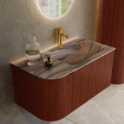 MONDIAZ KURVE-DLUX Meuble de salle de bains 85cm arrondi à gauche couleur Ruby avec 1 tiroir et 1 porte. Lavabo CLOUD à droite 1 trou de robinet Sombra.
