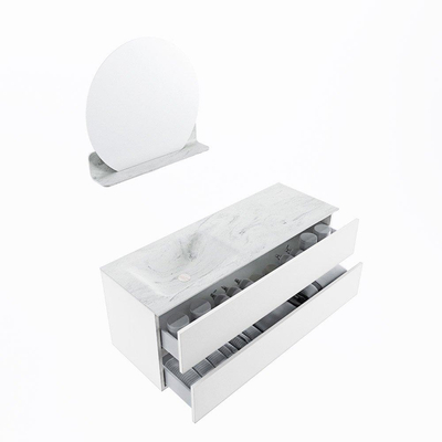 MONDIAZ VICA-DLUX Ensemble meuble de salle de bains - 130cm - meuble bas talc - 2 tiroirs - lavabo encastré cloud à gauche - sans trous de robinetterie - version haute 60cm - opalo