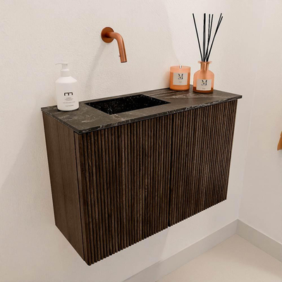 Mondiaz JOYA-DLUX 60cm toiletmeubel - kleur Walnut - Wastafel FAYE positie Links Zonder kraangat kleur Lava.