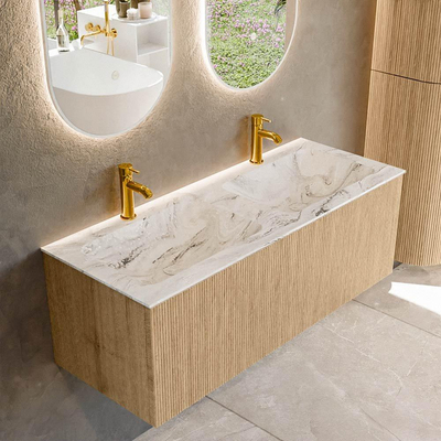 MONDIAZ KURVE-DLUX 120cm Meuble salle de bain - couleur Oak - 1 tiroir - vasque LEAF double - 2 trous de robinet - couleur Glace