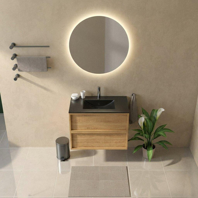 Saniclass Holz Frame Ensemble meuble de salle de bains - 80x45x62cm - Vygo lavabo en céramique noir - 1 vasque - 1 trou de robinet - 2 tiroirs - chêne natural mat (bois)