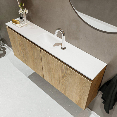 MONDIAZ TURE Kit lave-mains - 120x23x50cm - 1 trou de robinet - 2 portes - chêne blanchi mat - Lavabo centré - Solid Surface Blanc