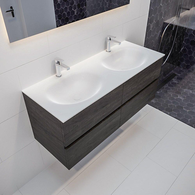 Mondiaz VICA ensemble de meuble de salle de bain - 120cm - meuble sous-vasque marron foncé - 4 tiroirs - lavabo Moon double - 2 trous de robinet version XL 60cm de haut