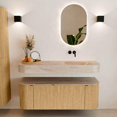 MONDIAZ THOR-DLUX 130cm badmeubel ronding links + rechts kleur Oak met 1 lade en 2 deuren. Vrijhangende wastafel CLOUD Rechts zonder kraangat kleur Saba.