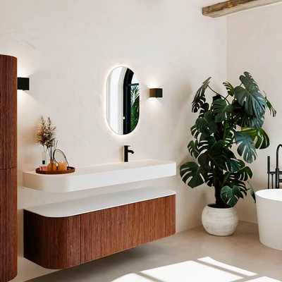 MONDIAZ THOR Meuble de salle de bains 150cm arrondi gauche + droite couleur Ruby avec 1 tiroir et 2 portes. Vasque suspendue CLOUD Droite 1 trou de robinet couleur Talc.