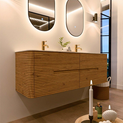Mondiaz CIRO-DLUX Badkamermeubelset - 150x45x50cm - Solid surface wastafel Ostra - 2 wasbak Dubbel - 2 kraangaten - 4 lades - Oak