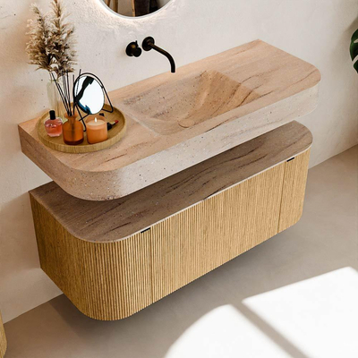 MONDIAZ THOR-DLUX 120cm badmeubel ronding links + rechts kleur Oak met 1 lade en 2 deuren. Vrijhangende wastafel CLOUD Midden zonder kraangat kleur Saba.