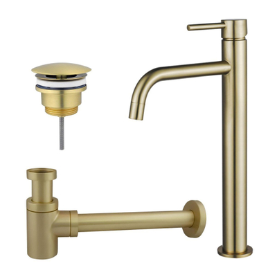 FugaFlow Eccelente Sobrado Slim Slim Kit mitigeur lavabo - robinet rehaussé - bonde non-obturable - siphon design bas - PVD Laiton brossé