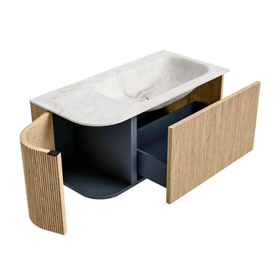MONDIAZ KURVE-DLUX meuble de salle de bains 95 cm avec module 25 L couleur Chêne avec 1 tiroir et 1 porte. Lavabo BIG SMALL à droite sans trou de robinet couleur Frappe.