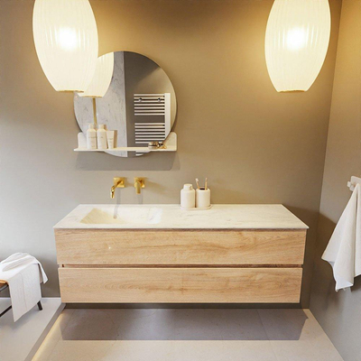 MONDIAZ VICA-DLUX Ensemble meuble de salle de bains - 150cm - meuble bas washed oak - 2 tiroirs - lavabo encastré cloud gauche - sans trous de robinet - version haute 60cm - opalo